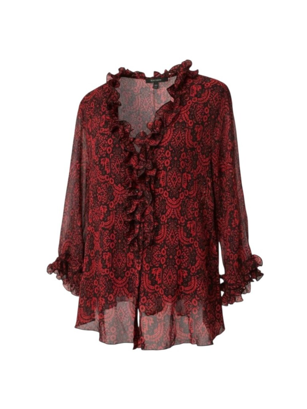 New Directions 2X Ruffle Paisley Boho Blouse Red Black Plus Size